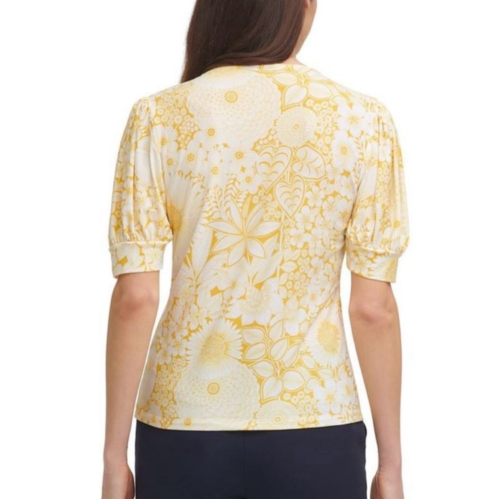 Tommy Hilfiger Yellow Floral Blouse Women’s Size XL V-Neck Puff Sleeve Top Shirt - Picture 2 of 9
